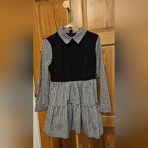 Blk & White Gingham Mini Long Sleeve Dress Zip Up Back Size Small